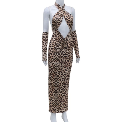  Leopard Print Crisscross Cutout Tie Backless High-Waisted Hot Girl Bodycon Dress 02