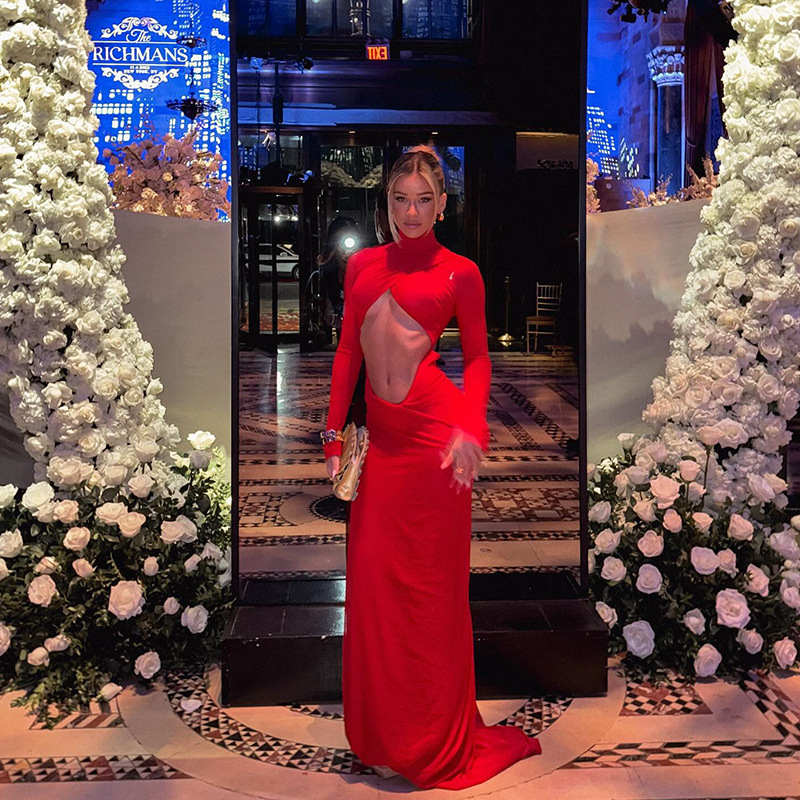 Fashion Turtleneck Long Sleeve Sexy Cutout Crop Top Bodycon Sheath Dress Gown