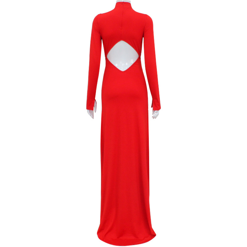 Fashion Turtleneck Long Sleeve Sexy Cutout Crop Top Bodycon Sheath Dress Gown