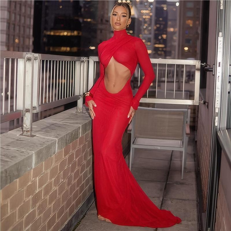 Fashion Turtleneck Long Sleeve Sexy Cutout Crop Top Bodycon Sheath Dress Gown