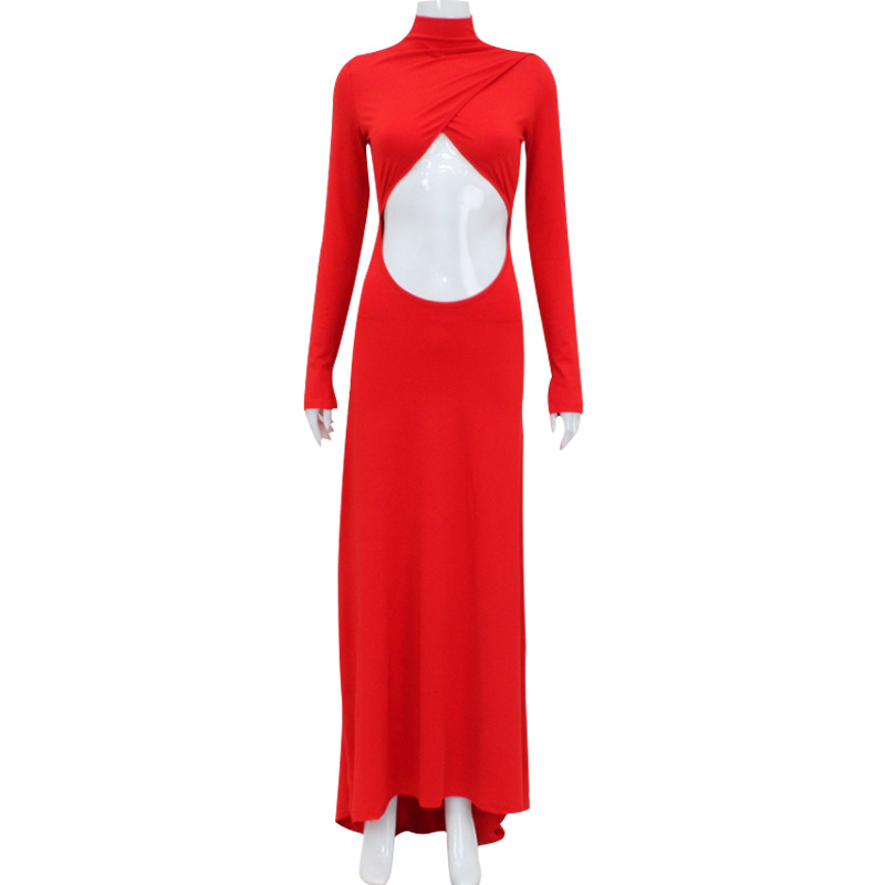 Fashion Turtleneck Long Sleeve Sexy Cutout Crop Top Bodycon Sheath Dress Gown