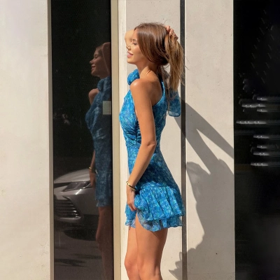 Sexy One-Piece Asymmetrical Neck Summer Vibe Chiffon Spaghetti Strap Hot Girl Sleeveless Dress 02