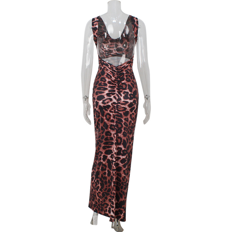 Sleeveless V-Neck Leopard Print Deep Backless Bodycon Elegant Dress