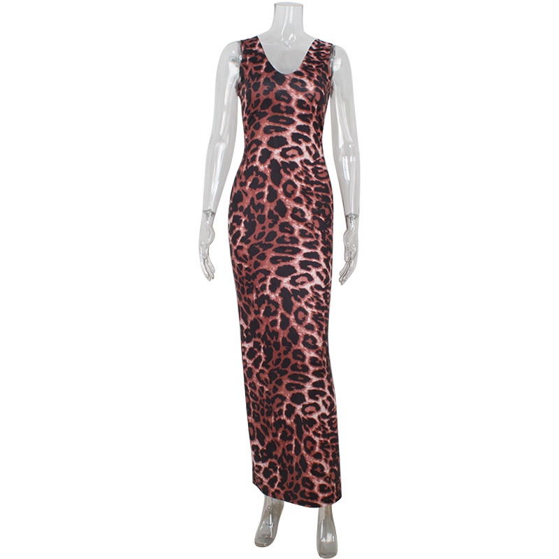 Sleeveless V-Neck Leopard Print Deep Backless Bodycon Elegant Dress
