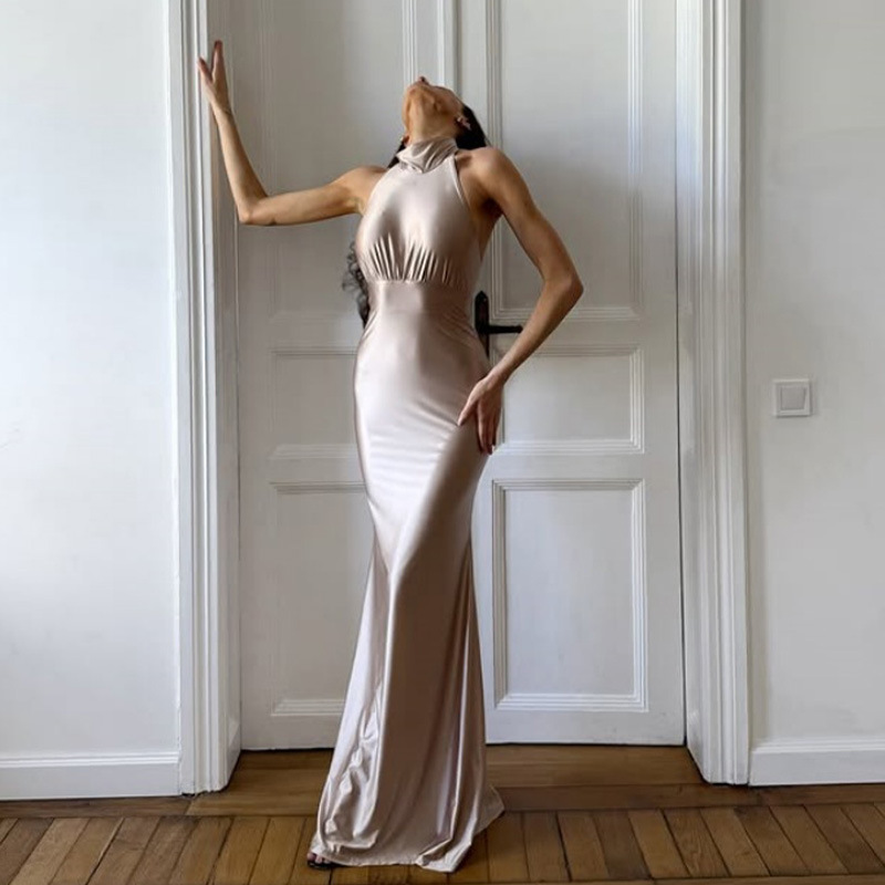 Fashion Textured Bodycon Elegant Halter Waist-Cinching Sheath Long Dress Gown