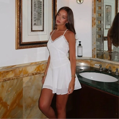 V-Neck Spaghetti Strap Crisscross Back Lace Trim Waist-Cinching Solid Color Elegant Dress 02