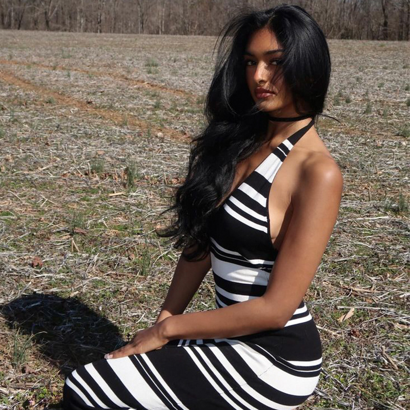 V-Neck Halter Fashion Sexy Backless Dress, Striped Color-Block Bodycon Minimalist Hot Girl Long Skirt