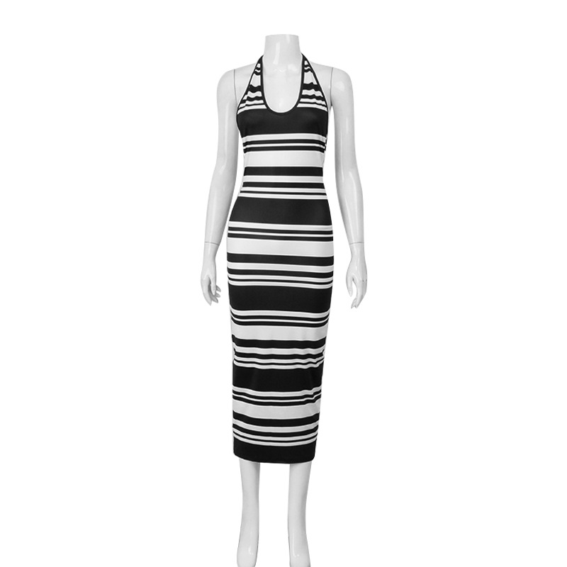 V-Neck Halter Fashion Sexy Backless Dress, Striped Color-Block Bodycon Minimalist Hot Girl Long Skirt