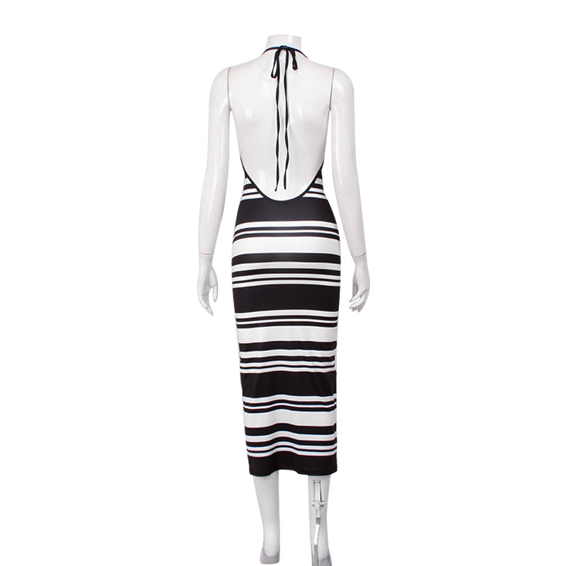 V-Neck Halter Fashion Sexy Backless Dress, Striped Color-Block Bodycon Minimalist Hot Girl Long Skirt