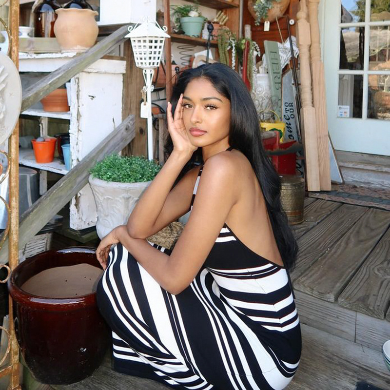 V-Neck Halter Fashion Sexy Backless Dress, Striped Color-Block Bodycon Minimalist Hot Girl Long Skirt