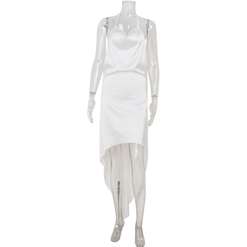 Front-Long Back-Short Asymmetrical Sleeveless Halter Neck Backless Fashion Satin Dress 