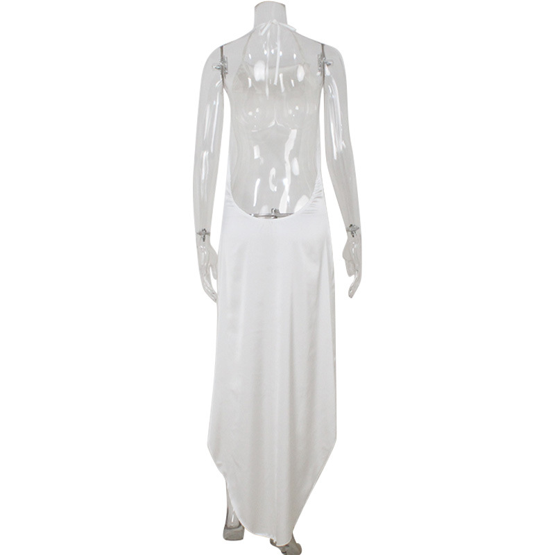 Front-Long Back-Short Asymmetrical Sleeveless Halter Neck Backless Fashion Satin Dress 
