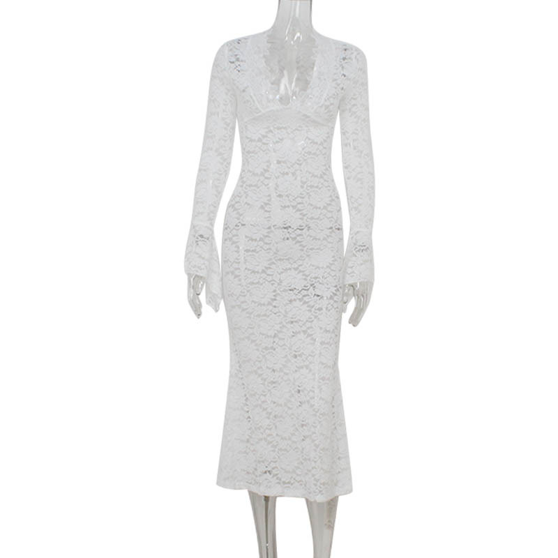 Deep V Lace See-Through Bodycon Elegant Dress, Sheath Fit Regal Court Style Gown