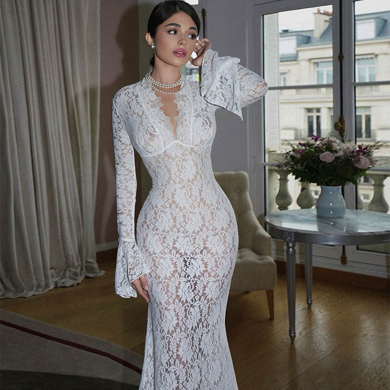 Deep V Lace See-Through Bodycon Elegant Dress, Sheath Fit Regal Court Style Gown