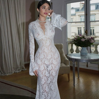 Deep V Lace See-Through Bodycon Elegant Dress, Sheath Fit Regal Court Style Gown 02