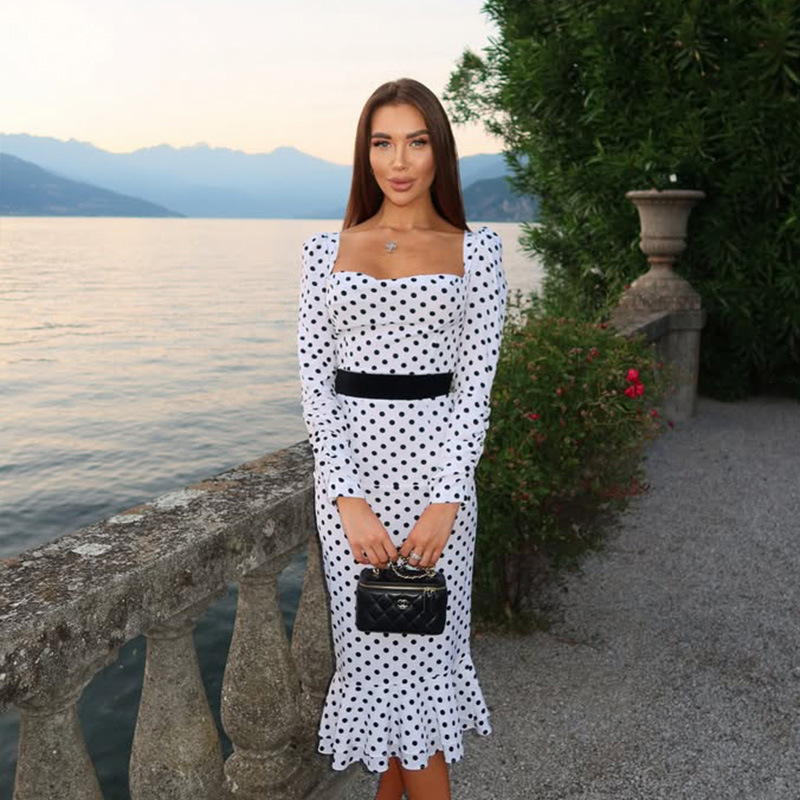 Polka Dot Square Neck Long Sleeve Bodycon Mermaid Dress – Elegant Vintage Women's Party Gown