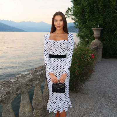 Polka Dot Square Neck Long Sleeve Bodycon Mermaid Dress – Elegant Vintage Women's Party Gown 02