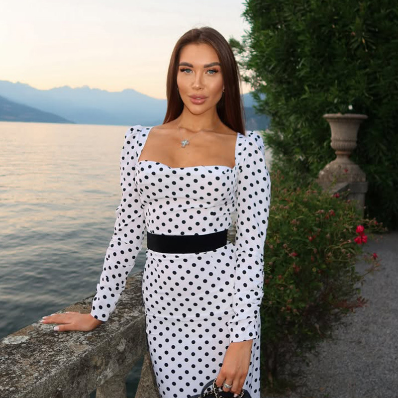 Polka Dot Square Neck Long Sleeve Bodycon Mermaid Dress – Elegant Vintage Women's Party Gown