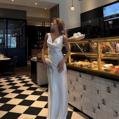 French Elegance Sleeveless V-Neck Satin Bodycon Long Dress – Elegant Women's Evening Gown 02