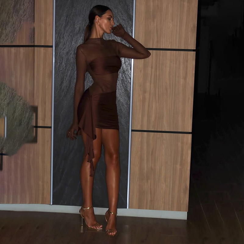 Sexy Mesh Sheer Ruffled Round Neck Long Sleeve Bodycon Dress – Slim-Fit Evening Gown for Women