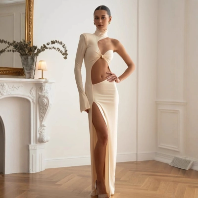 Elegant Sheath Dress with Cut-Out Detail – Minimalist Sexy Bodycon Long Skirt, Unique Designer Evening Gown for Women 01