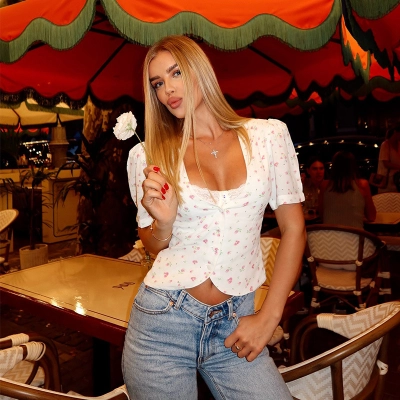 Retro Square Neck Puff Sleeve Floral Top – Short Fitted Sweet Blouse, Women's Spring Summer Chiffon Shirt 02