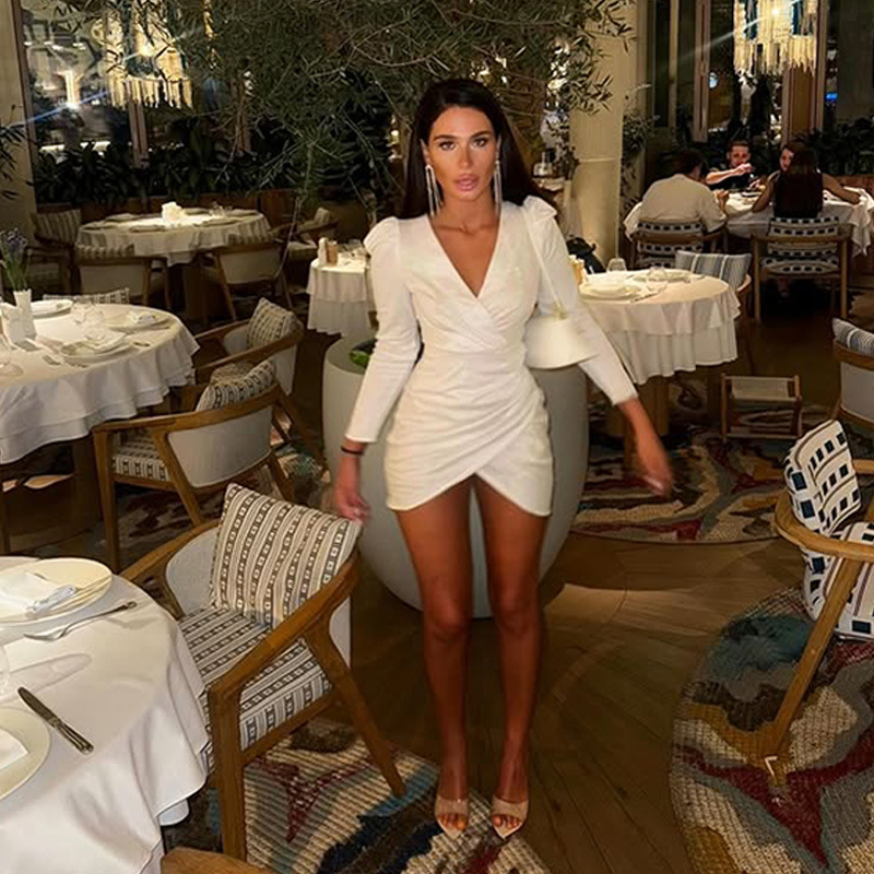 Mature Chic Metallic Foil V-Neck Long Sleeve Solid Color Pencil Dress – Slim-Fit Elegant Sheath Dress for Women