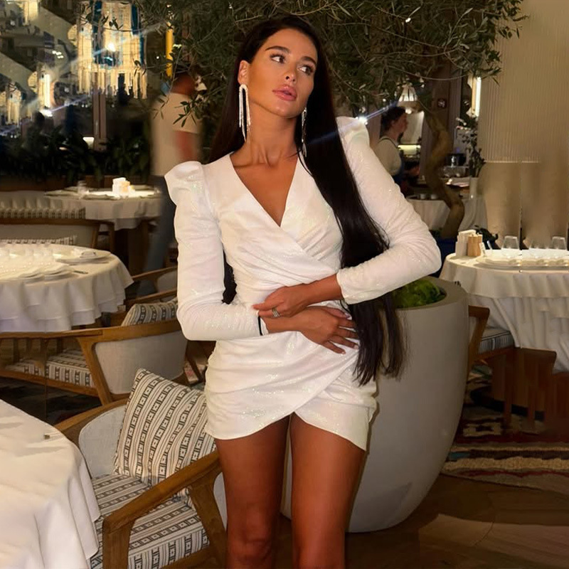 Mature Chic Metallic Foil V-Neck Long Sleeve Solid Color Pencil Dress – Slim-Fit Elegant Sheath Dress for Women