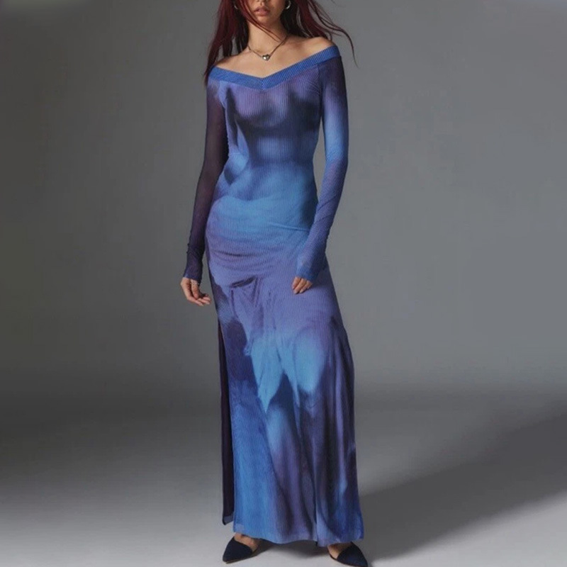 Off-the-Shoulder Ombre Tie-Dye Dress – Minimalist Sexy Bodycon Long Maxi Dress, Artistic Statement Women's Gown