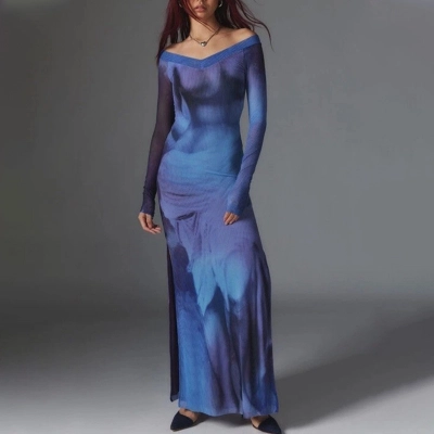 Off-the-Shoulder Ombre Tie-Dye Dress – Minimalist Sexy Bodycon Long Maxi Dress, Artistic Statement Women's Gown 01