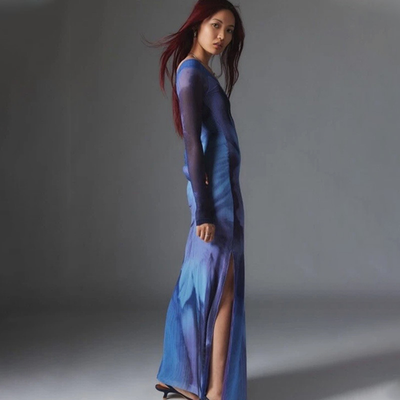 Off-the-Shoulder Ombre Tie-Dye Dress – Minimalist Sexy Bodycon Long Maxi Dress, Artistic Statement Women's Gown