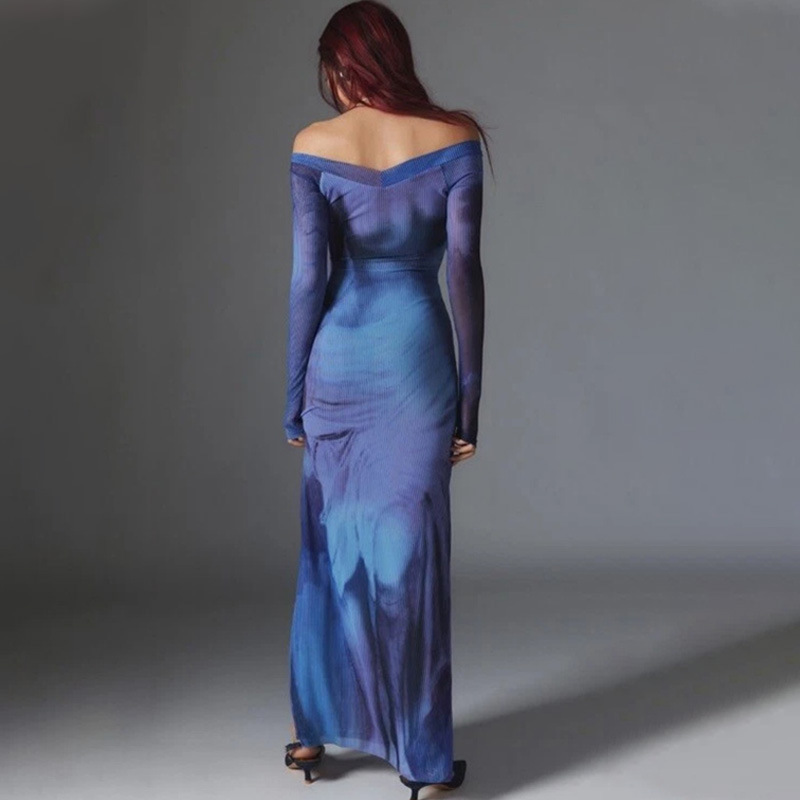 Off-the-Shoulder Ombre Tie-Dye Dress – Minimalist Sexy Bodycon Long Maxi Dress, Artistic Statement Women's Gown