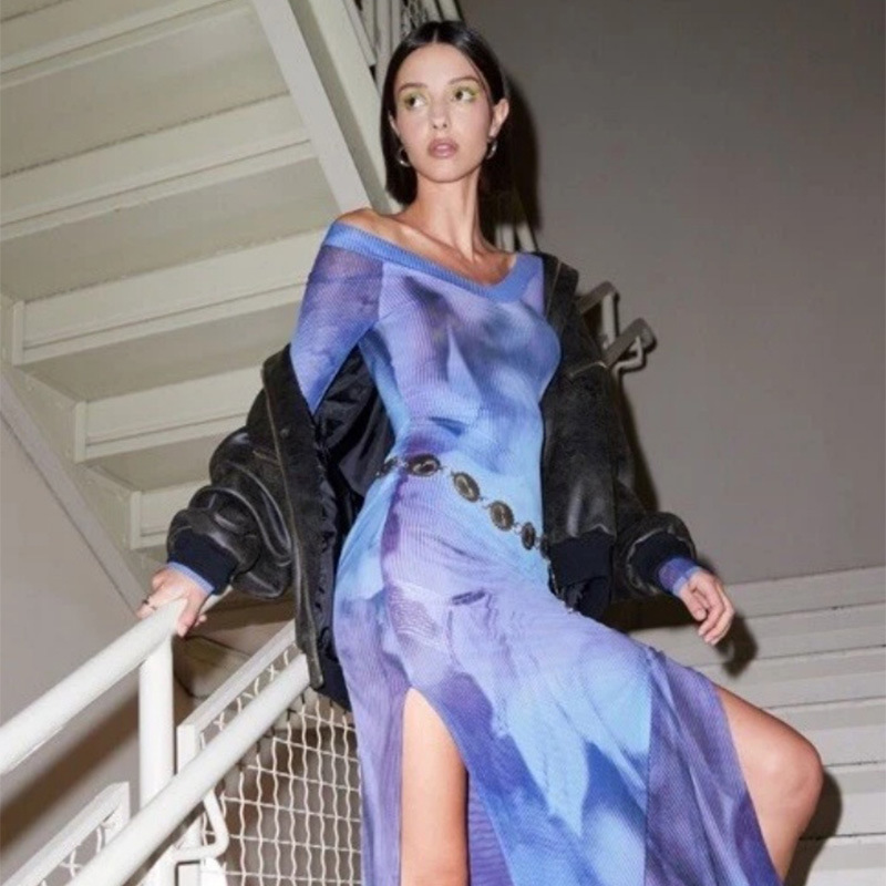 Off-the-Shoulder Ombre Tie-Dye Dress – Minimalist Sexy Bodycon Long Maxi Dress, Artistic Statement Women's Gown