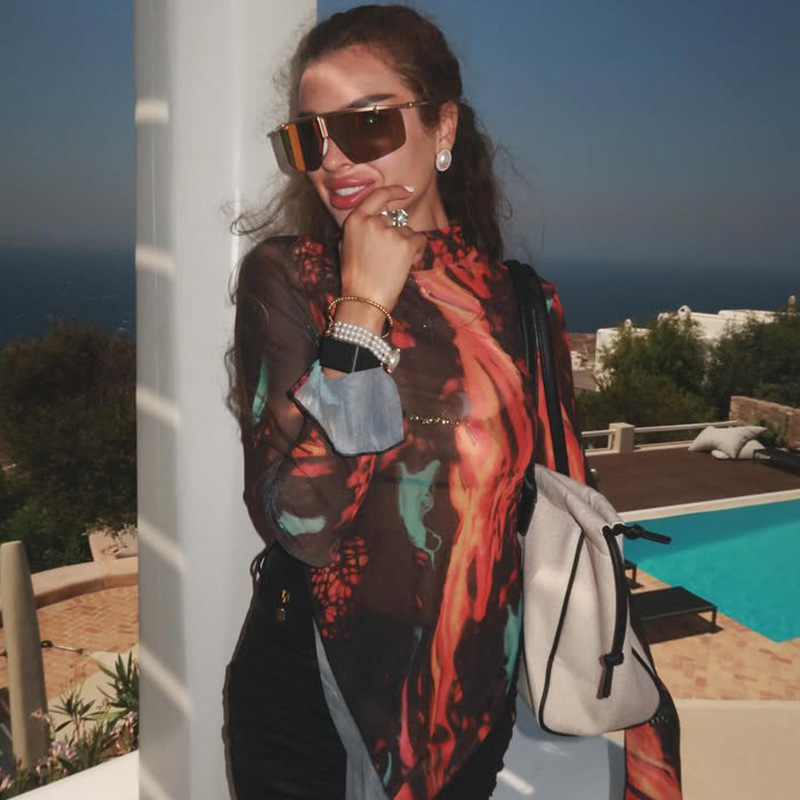 Round Neck Long Sleeve Mesh Printed Oversized T-Shirt – Women's Flowy Longline Top for Layering