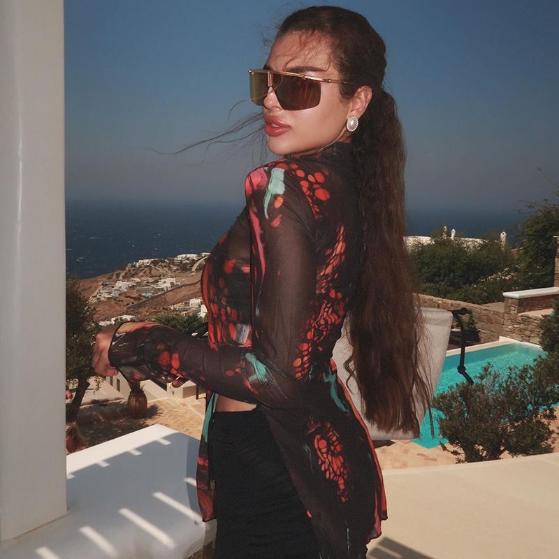 Round Neck Long Sleeve Mesh Printed Oversized T-Shirt – Women's Flowy Longline Top for Layering