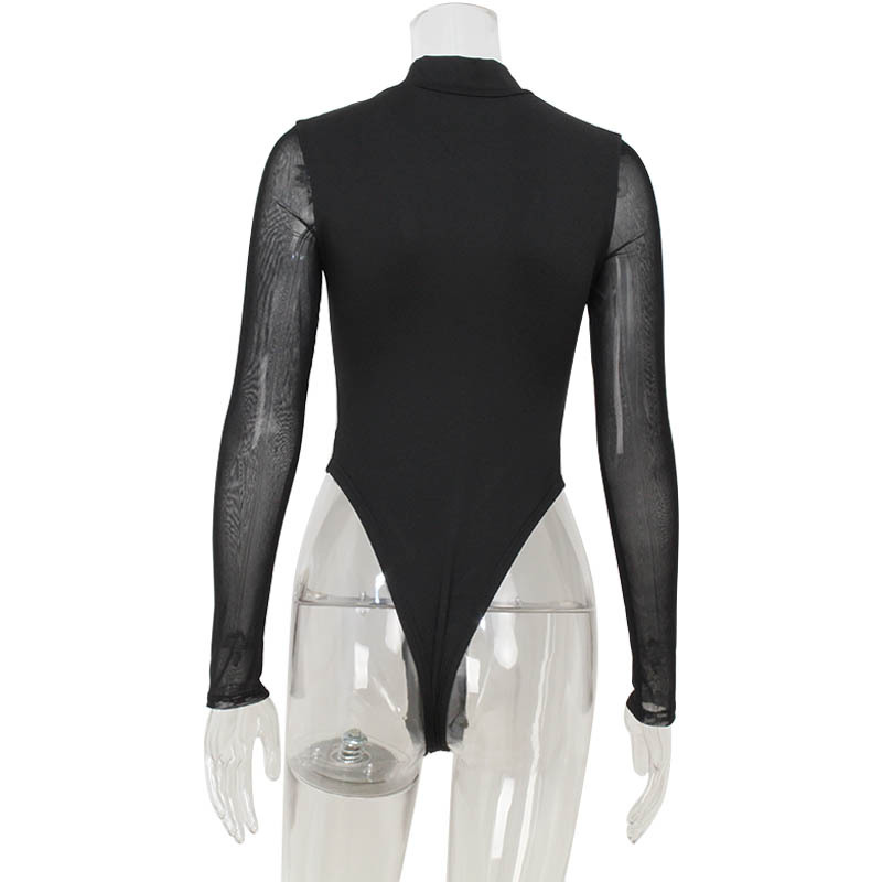 High-Waist Long Sleeve Western Women's Streetwear Sexy Mesh Paneled Bodycon Jumpsuit – Slim-Fit Stretchy Bodysuit