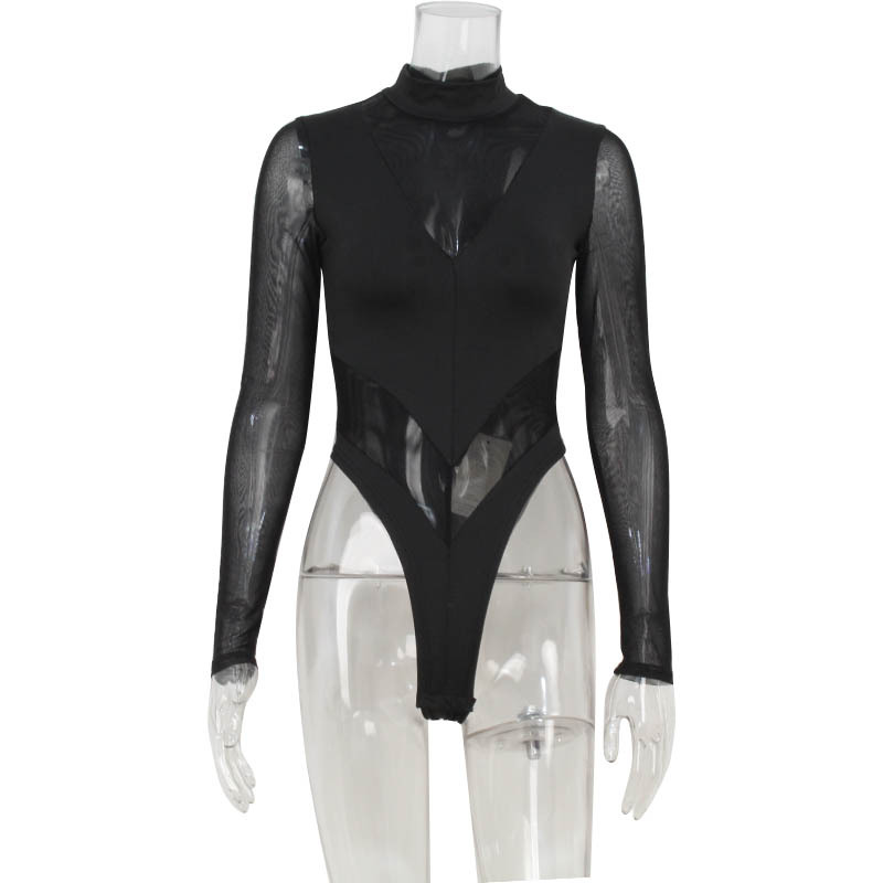 High-Waist Long Sleeve Western Women's Streetwear Sexy Mesh Paneled Bodycon Jumpsuit – Slim-Fit Stretchy Bodysuit