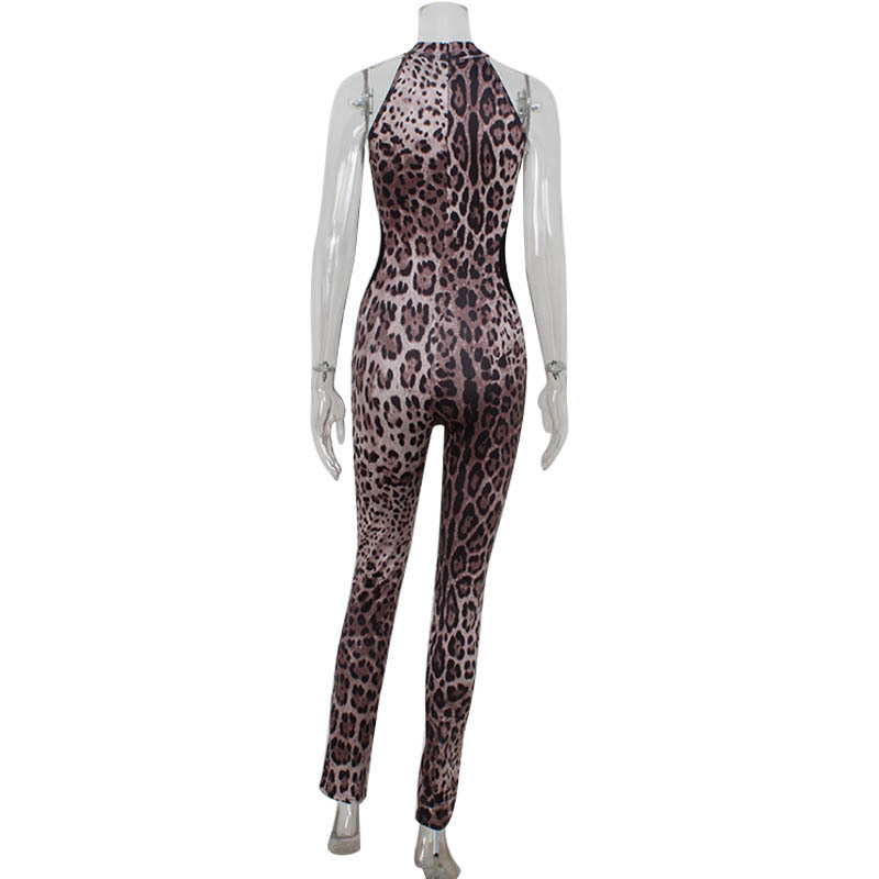 Sexy Sleeveless Halter Neck Leopard Print Mesh Paneled Jumpsuit – Bodycon High-Stretch Full-Length Pants, Trendy Slim-Fit & Figure-Flattering