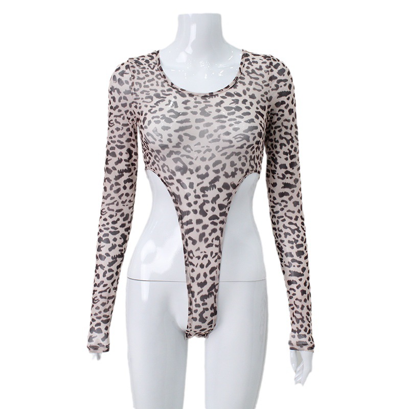 Sexy Mesh Leopard Print Bodycon Long Sleeve Jumpsuit – High-Waist Cute Girl Crop Top, Stylish Slim-Fit Design