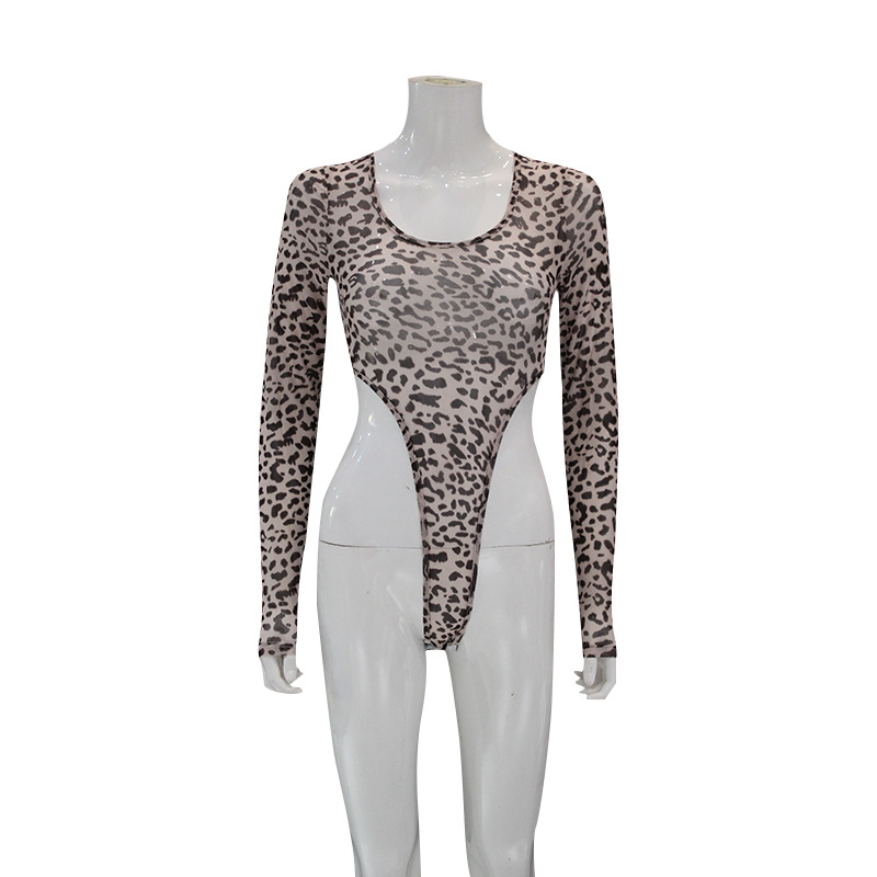 Sexy Mesh Leopard Print Bodycon Long Sleeve Jumpsuit – High-Waist Cute Girl Crop Top, Stylish Slim-Fit Design