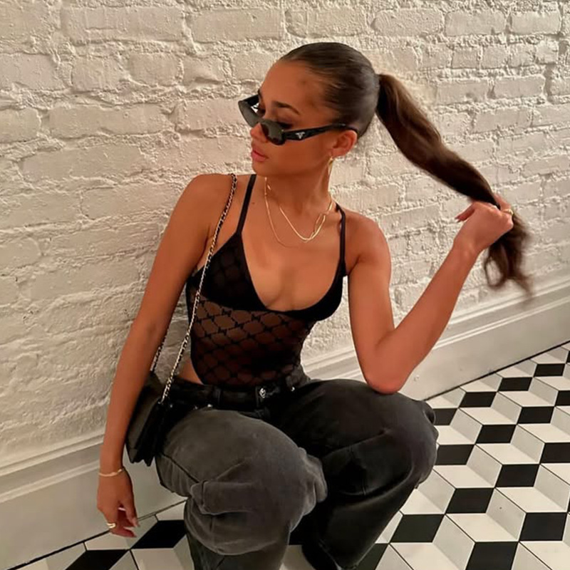 Mesh Sheer Low-Cut Sexy Bodycon Triangle Strap Jumpsuit – Women's Fitted Tank Top Bodysuit, Slim-Fit Stretch Crop Cami