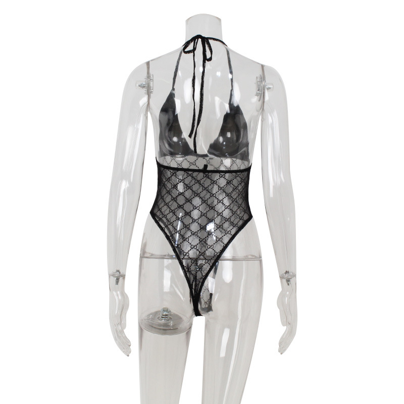 Mesh Sheer Low-Cut Sexy Bodycon Triangle Strap Jumpsuit – Women's Fitted Tank Top Bodysuit, Slim-Fit Stretch Crop Cami