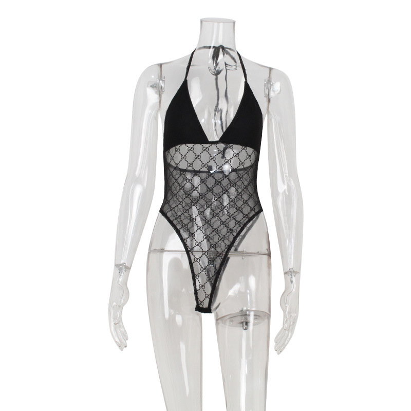 Mesh Sheer Low-Cut Sexy Bodycon Triangle Strap Jumpsuit – Women's Fitted Tank Top Bodysuit, Slim-Fit Stretch Crop Cami