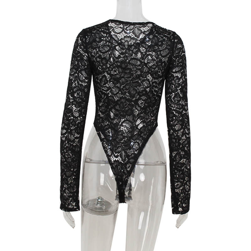 Lace Jacquard Sheer Bodycon Long Sleeve Jumpsuit for Women – High-Waist Slim-Fit Stretchy Cute Girl Bodysuit