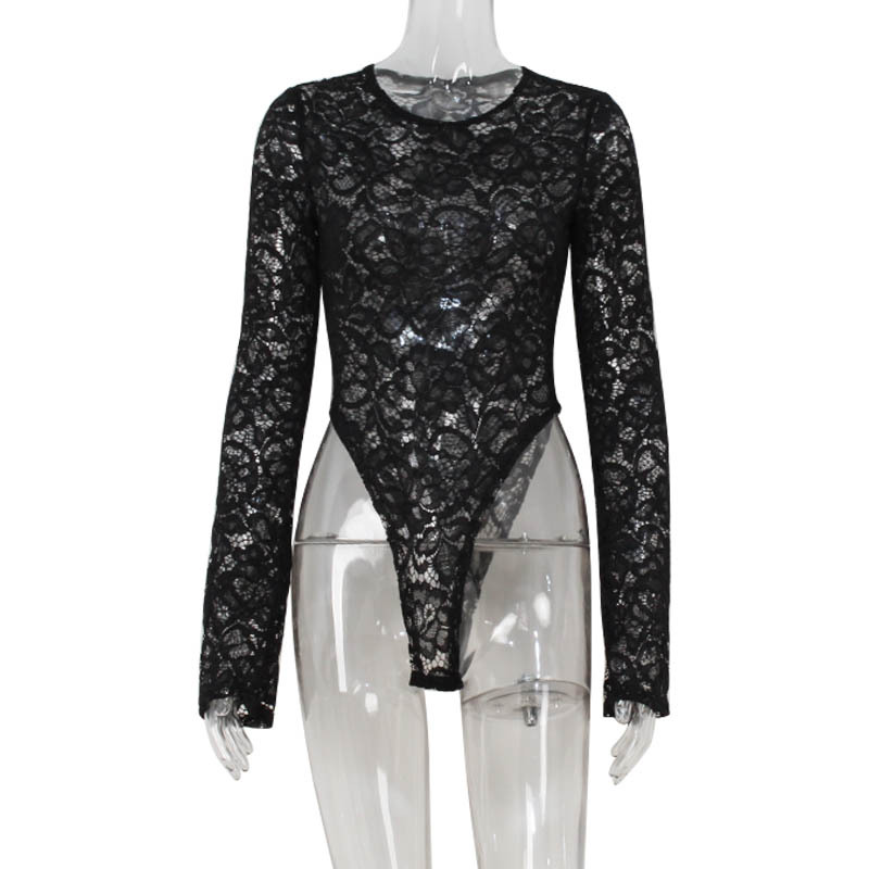 Lace Jacquard Sheer Bodycon Long Sleeve Jumpsuit for Women – High-Waist Slim-Fit Stretchy Cute Girl Bodysuit