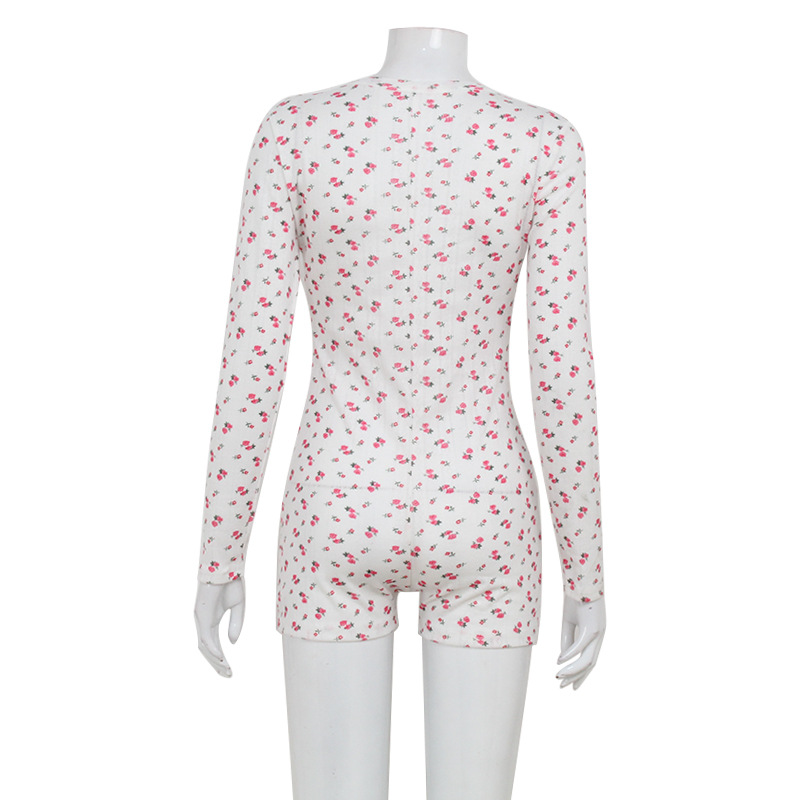 Fashion Floral Print Long Sleeve Jumpsuit – V-Neck Pure-Temptation Bodycon Romper for Home Wear, Women's Short-Length One-Piece Shorts