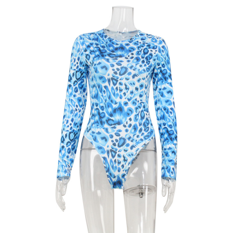 Round Neck Long Sleeve Edgy Streetwear Blue Leopard Print Top – Women's Cool Loose T-Shirt, Original Design Fashion Short-Length Tee