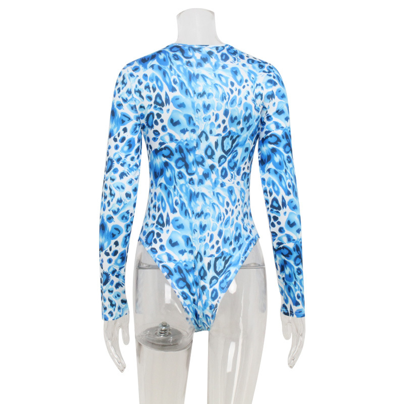 Round Neck Long Sleeve Edgy Streetwear Blue Leopard Print Top – Women's Cool Loose T-Shirt, Original Design Fashion Short-Length Tee