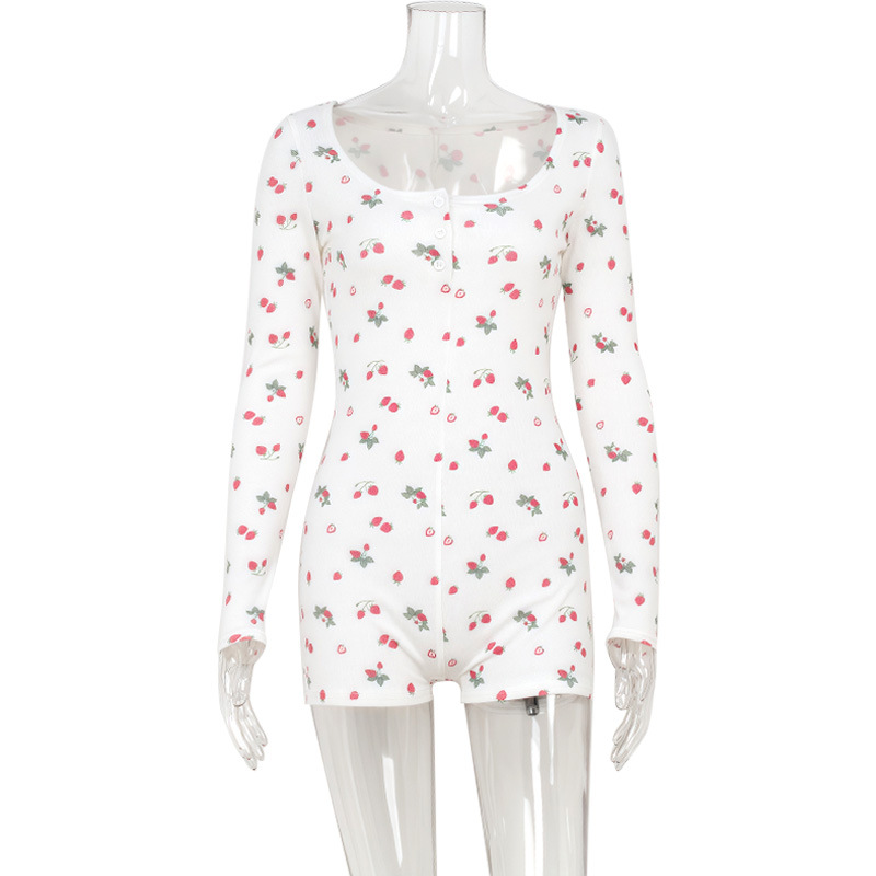 Casual Home Wear Fresh Floral Print Square Neck Long Sleeve Jumpsuit – Women's Comfortable Loose-Fit One-Piece Shorts Romper