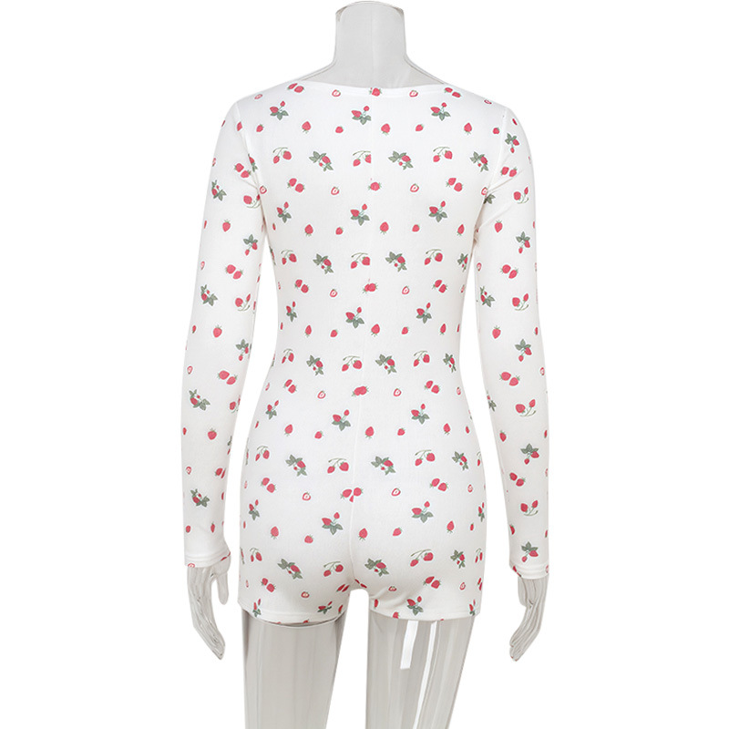 Casual Home Wear Fresh Floral Print Square Neck Long Sleeve Jumpsuit – Women's Comfortable Loose-Fit One-Piece Shorts Romper